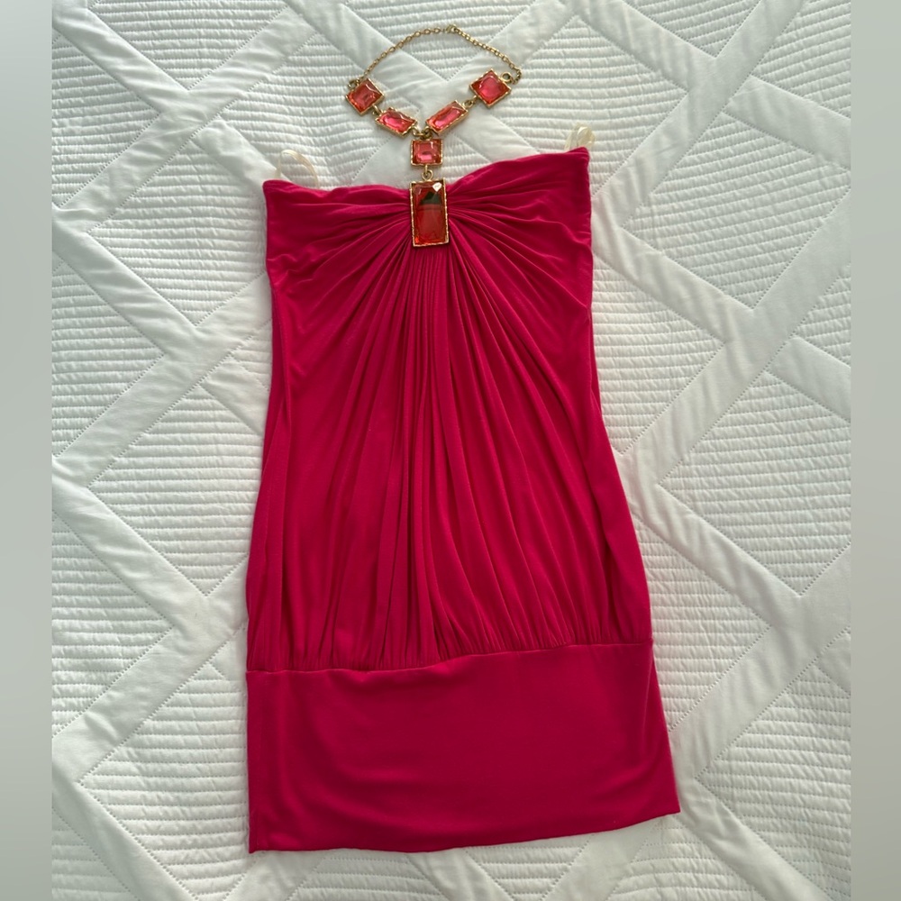 Sky Hot Pink Strapless Dress with Gold  and Hot Pink Jeweled Neckline.